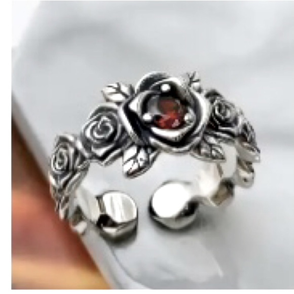 Silver Red zirconia Decor Rose Flower Thorns Open Ring